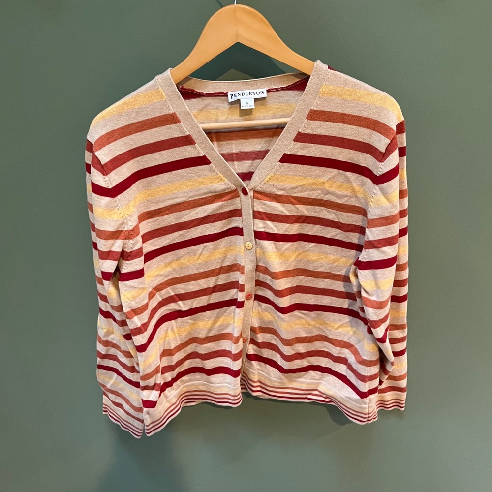 Pendleton Women's Striped V-Neck Button Front Cardigan Sweater XL Red Tan Yellow